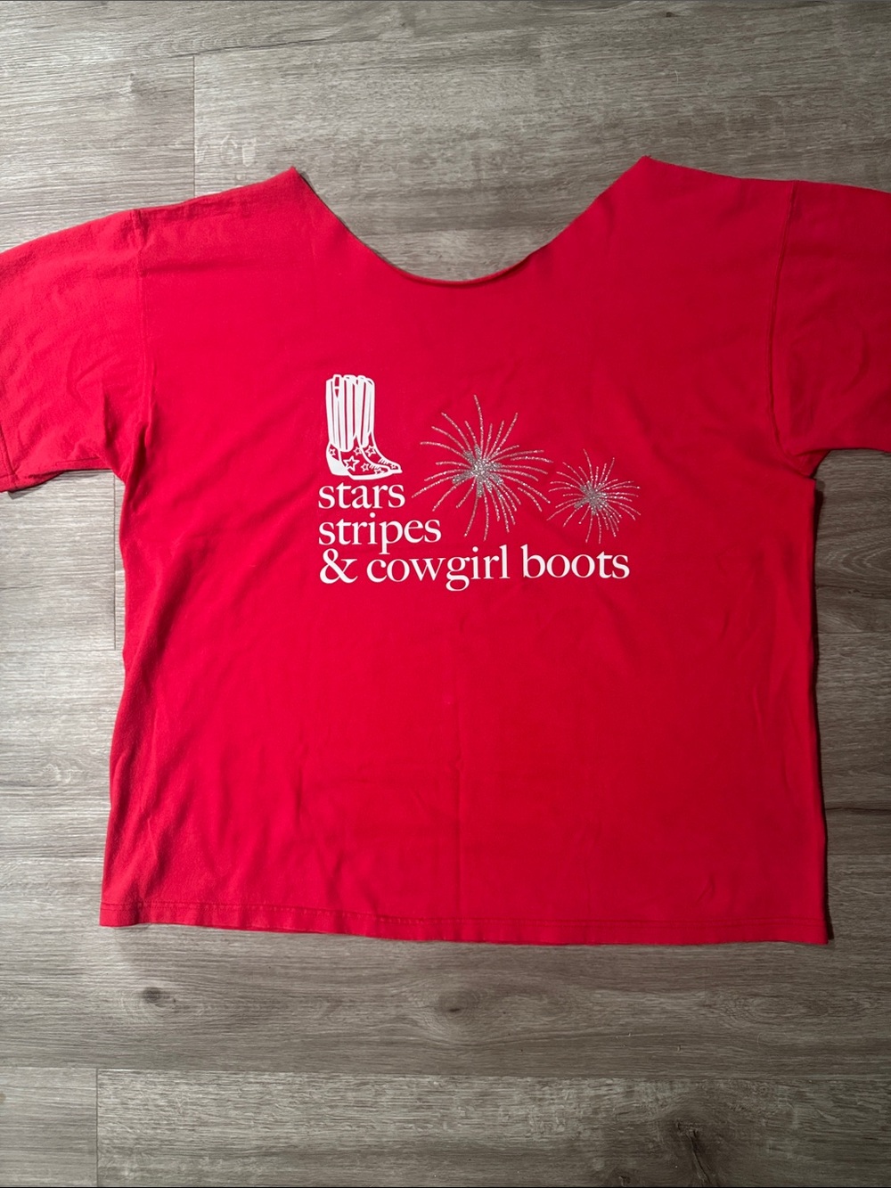 “Stars Stripes & Cowgirl Boots” Off-Shoulder Red Tee - Picture 2 of 8